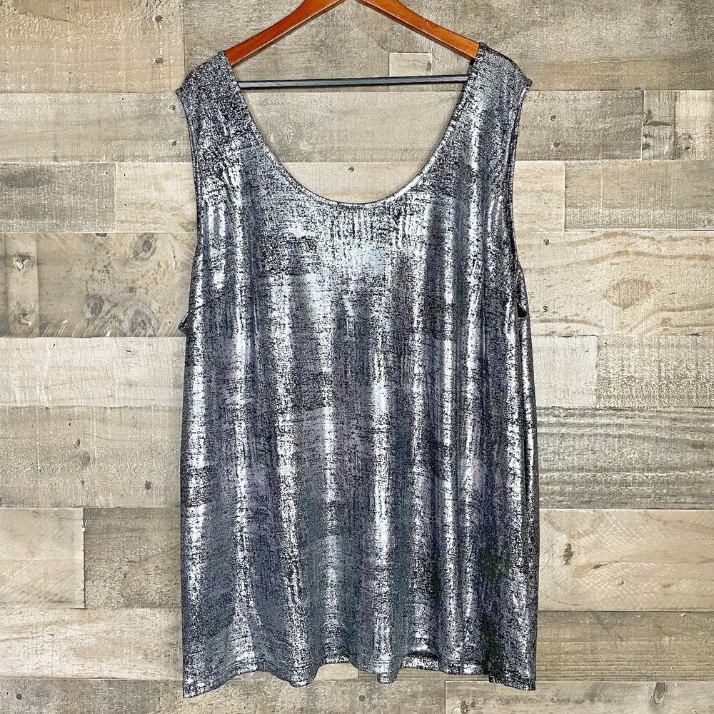 Roaman's Shiny Woman's Plus Size 2X 26 28 Silver Foiled Over Black Tank Top‎